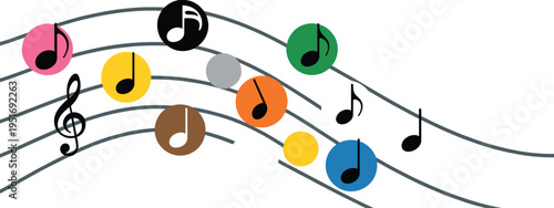 Colorful musical notes on flowing staff lines with treble clef, creative music concept illustration, flat vector design
