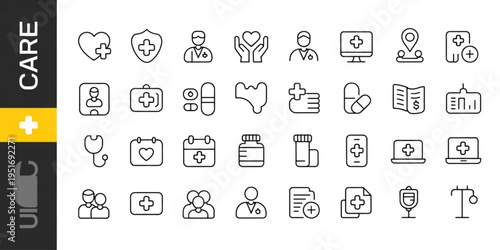 Set of medical and healthcare outline icons featuring various health related symbols and objects Vector