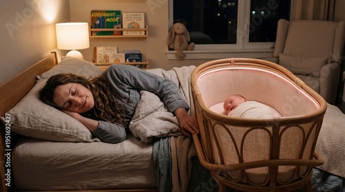 Woman sleeping on bed next to newborn infant in wicker bassinet. Mother resting with baby in nursery at night. Peaceful domestic life, family bonding, motherhood and tired parent concept.