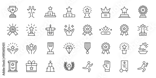 A comprehensive collection of diverse award and achievement icons represented in thin line style Vector