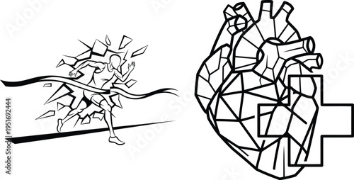 Fragmented warrior and shattered heart geometric illustration contrast isolated on white background, Vector