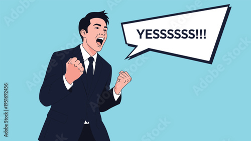 Excited businessman in a suit shouting yes with clenched fists in a comic style speech bubble against a bright blue backdrop.