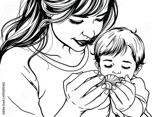 Minimal abstract vector illustration of adult guiding child smelling peeled orange elegant outline design symbolizing nurturing sensory learning bonding and family connection