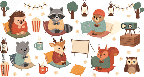 Cute forest animals watching outdoor movie night with popcorn lanterns cozy cartoon vector illustration set