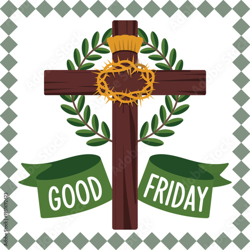 A symbolic illustration of a cross on Good Friday with a crown of thorns and olive leaves