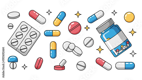 Variety of medical pills capsules and tablets scattered around a blue medicine bottle on a white background with stars.
