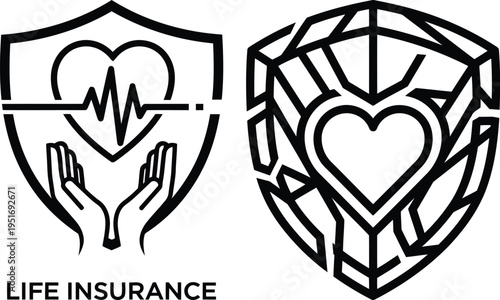 Black and white logos representing life insurance concepts with heart and shield designs isolated on white background, Vector