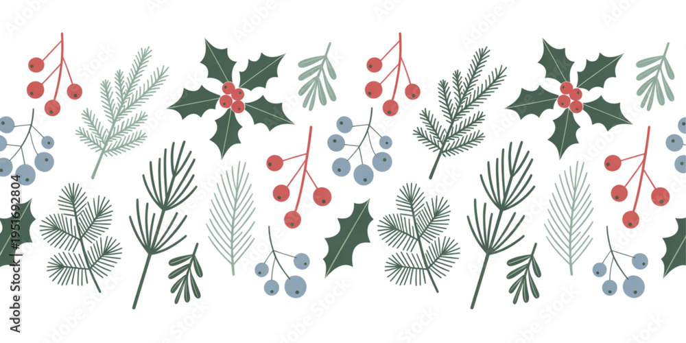 Obraz premium Seamless pattern featuring decorative holly leaves pine branches and vibrant winter berry clusters Vector