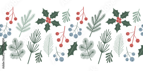 Seamless pattern featuring decorative holly leaves pine branches and vibrant winter berry clusters Vector