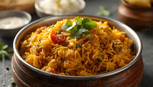 Hot Vegetable Biryani Rice Dish with Steam in Bowl Indian Spiced Rice Meal