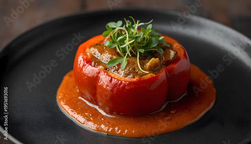 Stuffed red bell pepper with sauce and microgreens on a black plate
