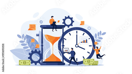 People working efficiently around a large hourglass and clock to manage their time and money in a busy business environment.