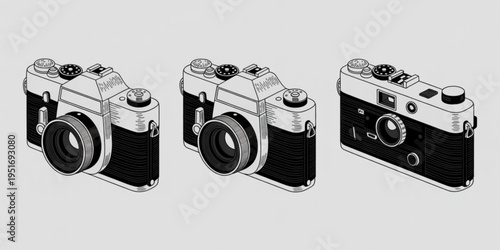 A collection of three vintage style cameras featuring detailed line art in a monochromatic design Vector