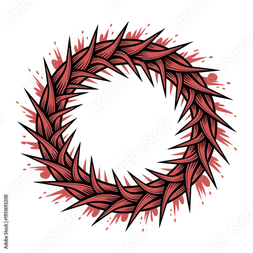 A crown of thorns with red blood splatters on a white background