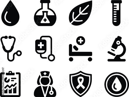 Medical healthcare icon set, diverse collection of health treatment research and care symbols for medical services diagnostics and healthcare design projects.