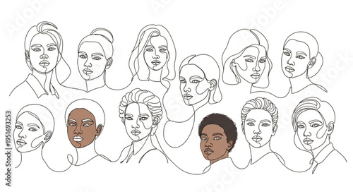 Diverse Group of Women Faces Illustrated Sketch Style.