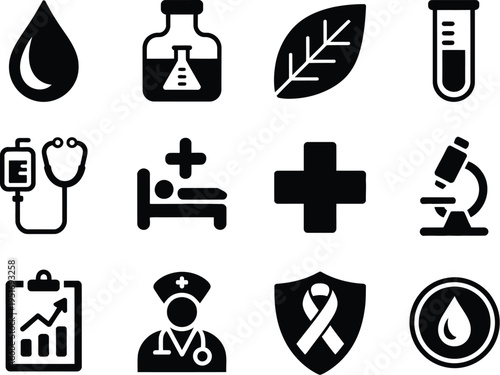Medical healthcare icon set, collection of vector icons representing health treatment research and clinical care for hospitals labs and medical design.