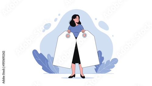 Young woman standing in front of blue leaves holding two large blank price tags for shopping or advertising copy space.