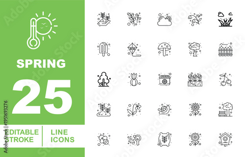 Spring Season, Nature Rebirth, and Gardening Line Icons. Editable stroke icons for seasonal landscaping, outdoor environmental branding, and garden activities. Featuring blooming flowers, clovers