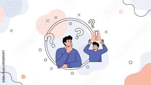 Man in a blue shirt thinking deeply with his hand on his chin surrounded by floating question marks and an exclamation point.