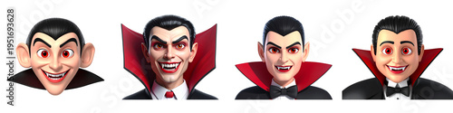 four cartoon vampire heads with different expressions isolated on transparent background