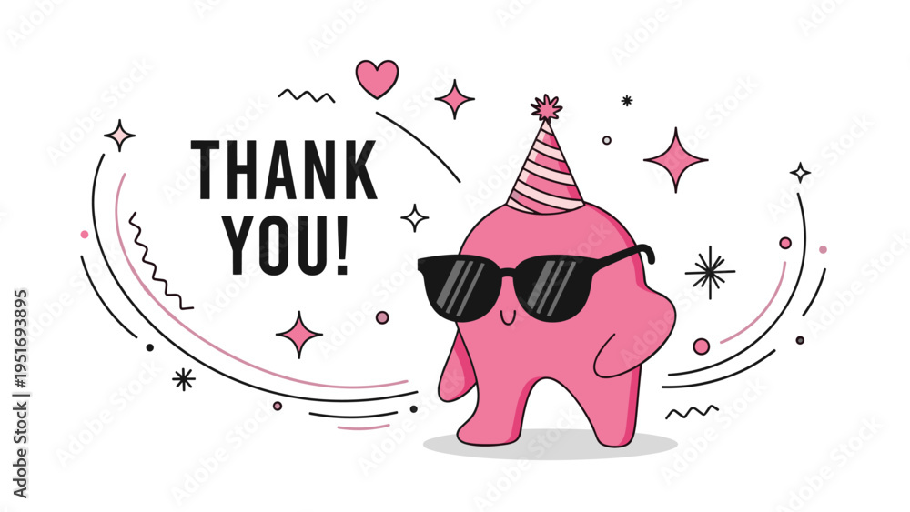 Obraz premium Funny pink monster character wearing a party hat and sunglasses next to the text thank you with stars and heart shapes.