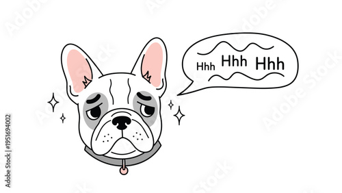 Portrait of a sad looking white French Bulldog with dark circles around its eyes and a speech bubble with sighs.