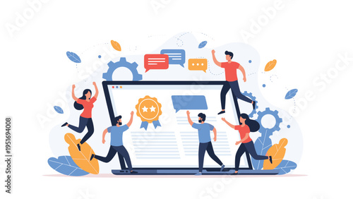 Enthusiastic office workers celebrating professional success around a giant laptop screen displaying an award and messages.