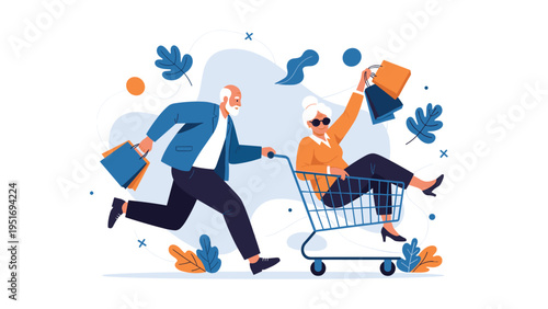 Energetic senior couple having fun while shopping with full bags and a shopping cart during a retail sale event illustration.