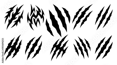 Collection of black jagged monster claw scratch marks and torn animal slash silhouettes. Great for scary Halloween designs, wild nature, and gaming