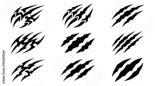 Set of black predator claw scratch marks, sharp animal tears, and tribal slash silhouettes. Ideal for aggressive gaming or horror design elements
