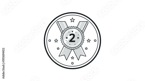 Silver medal icon with the number two and blue ribbons representing second place achievement and success in a competition.