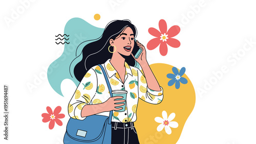 Stylish young woman talking on her mobile phone and carrying a coffee cup while walking against a floral background.