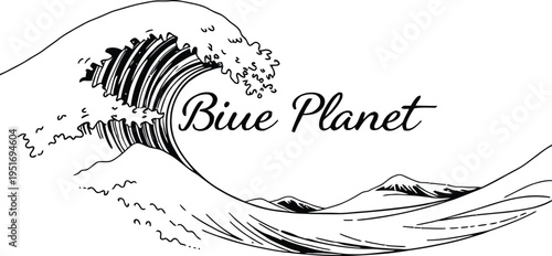 Minimal abstract vector illustration of Blue Planet text wave ocean mountains elegant outline design symbolizing nature water conservation and environmental awareness
