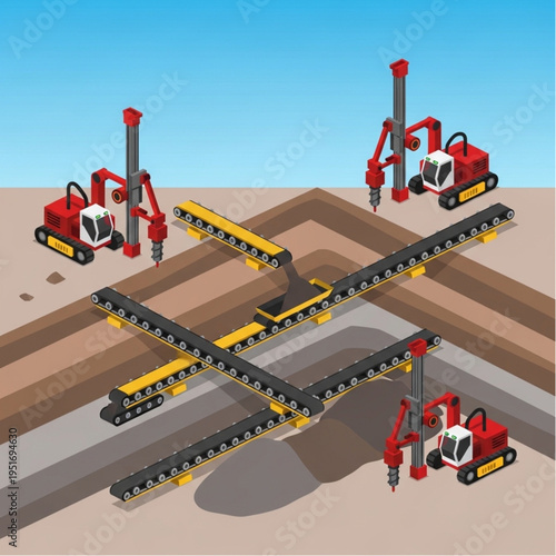 Isometric Mining Operation with Drills and Conveyor Belts.
