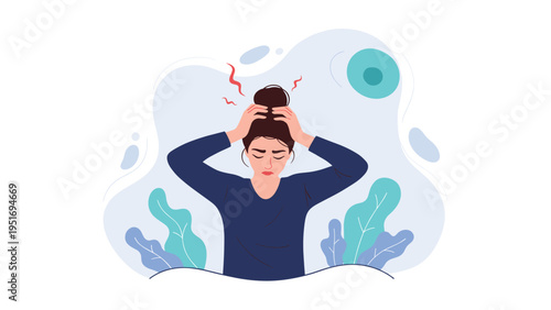 Woman suffering from a severe headache holding her head in pain with red lightning symbols on a soft blue background.