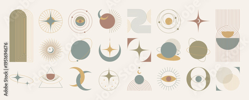 Boho abstract celestial elements vector set. Mid century modern icons with beige, sage, olive, blush, and gold geometric symbols for wall art, branding, posters, and decorative design.