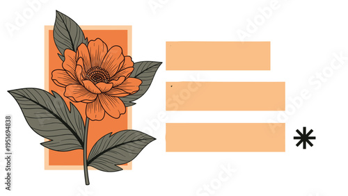 Beautiful orange flower illustration with green leaves and blank rectangular boxes for custom text or label designs on white.