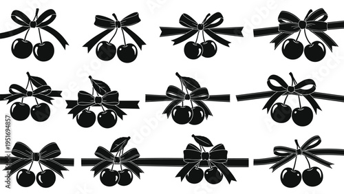 Set of black silhouette icons featuring pairs of cherries with decorative ribbons and bows isolated on a white background.