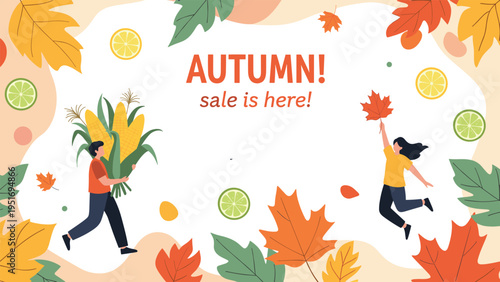 Vibrant autumn sale banner with joyful people carrying harvest crops and colorful leaves and fruit floating in the background.