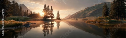 Serene Mountain Lake Reflection at Sunrise: A Tranquil Nature Landscape with Trees