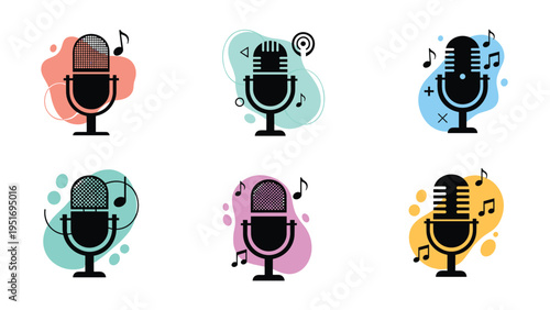 Diverse set of different microphone icons with musical notes and abstract shapes for podcast and audio production studios.