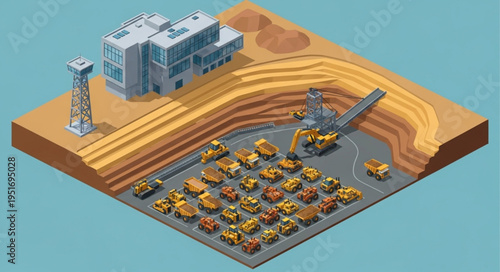 Isometric Mining Operation with Heavy Machinery and Industrial Building.