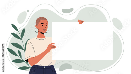 Confident woman with short hair holding a large blank white banner for advertising or sharing a custom message illustration.