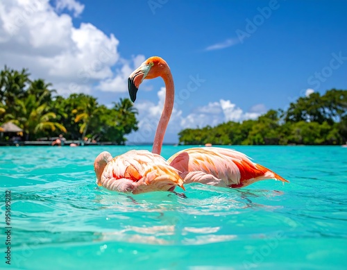 Two pink flamingos wade in vibrant turquoise water, lush tropical foliage in the background