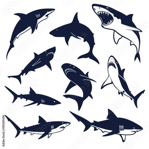Extensive shark silhouette collection featuring swimming sharks in various positions and sizes on white background