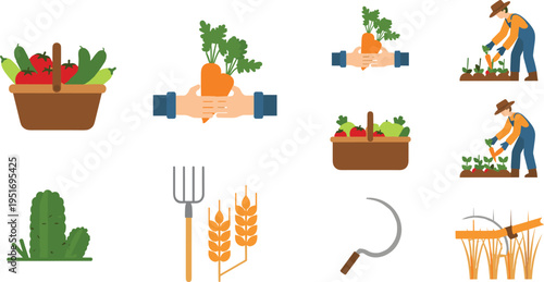 Agriculture Vector Illustration Showing Farmers Harvesting Crops and Farming Tools