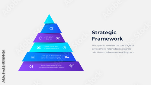 5 step pyramid process infographic diagram with stacked triangular layers forming hierarchical structure