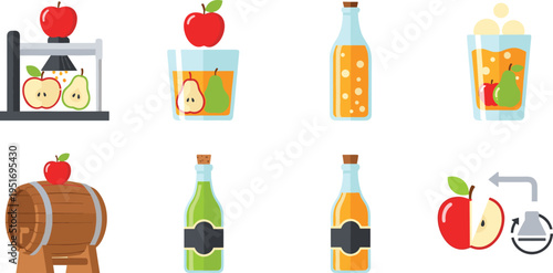 Apple Cider Vector Illustration Showing Juice Fermentation and Bottling Process