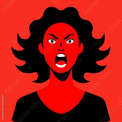 A woman with red skin and wavy black hair screams with a wide open mouth against a solid red background while wearing a black top.